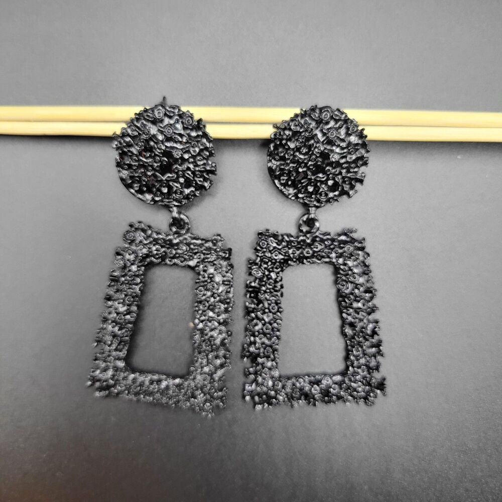 Unbranded Large Geometric Open Rectangle Dangle Earrings Women Black Alloy Metal